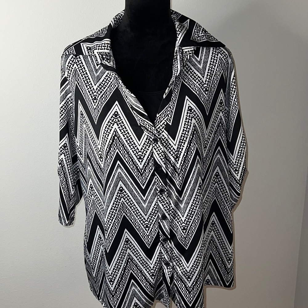PerSeption Women black white polyester top blouse Sz‎ 1X